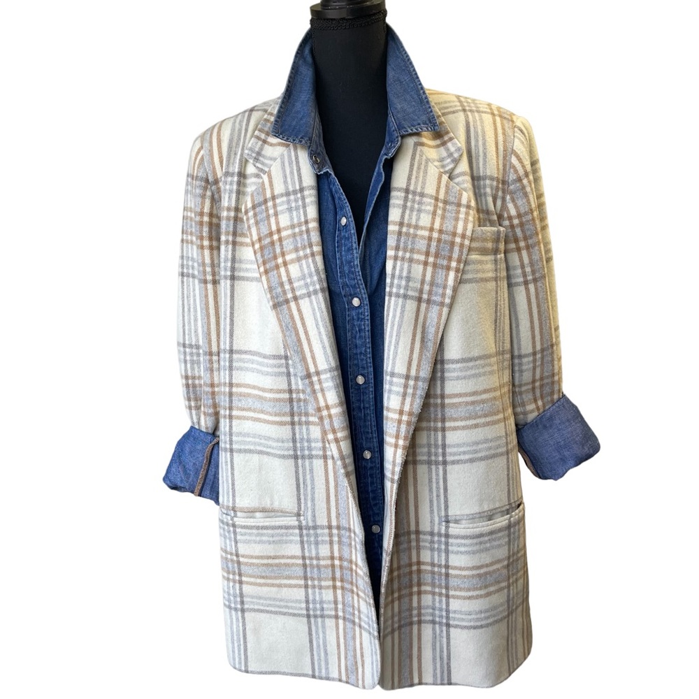 Vintage Tartan Plaid Wool Blend Blazer Boxy Preppy Structural Neutral Size L/XL - Picture 5 of 15